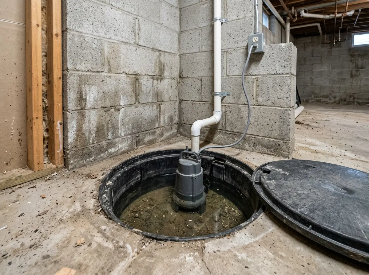 Round sump basin in a basement floor with the lid off, showing a gray submersible pump sitting in the water with a white PVC discharge pipe rising out of it