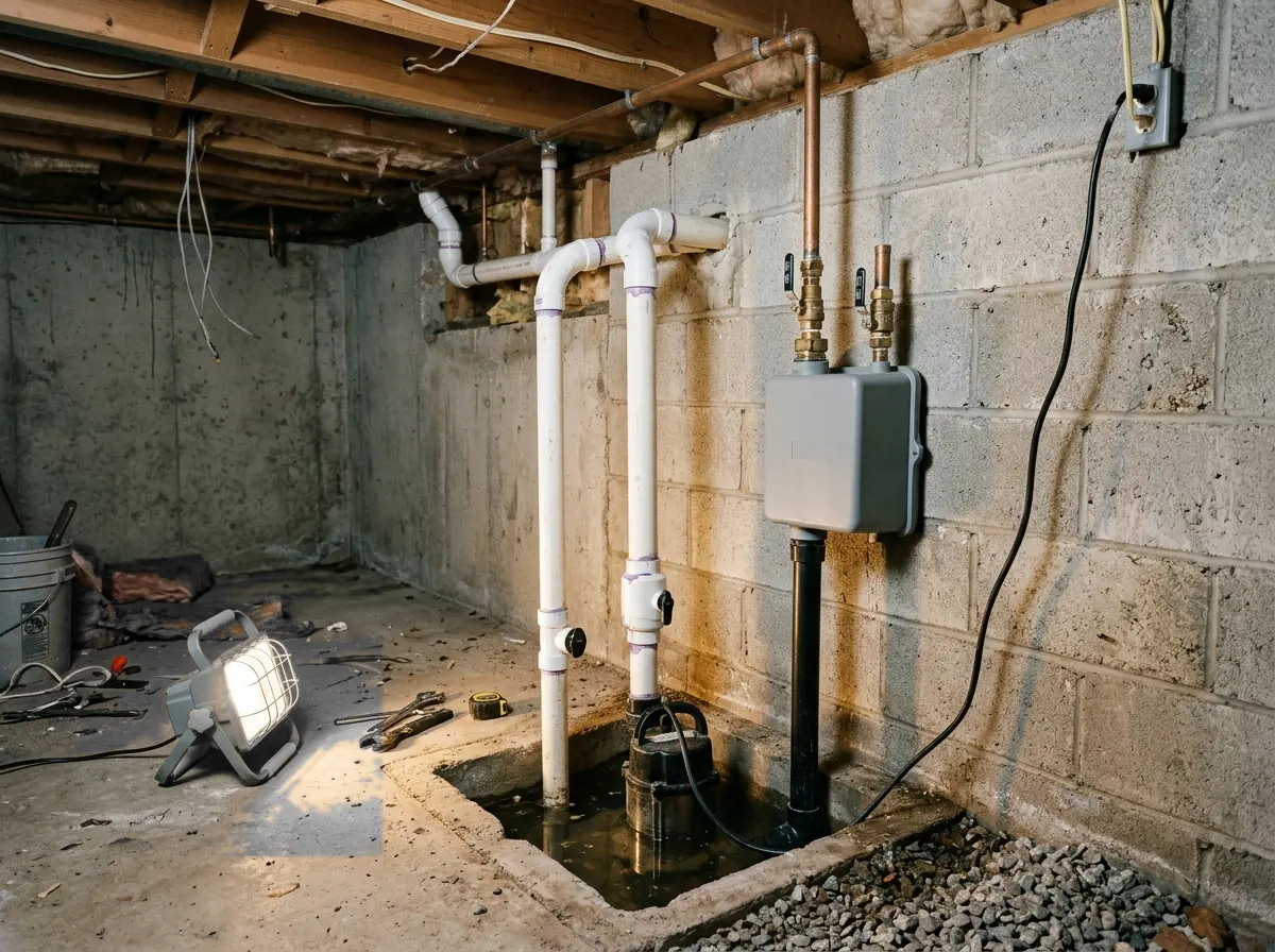 Water-powered backup sump pump connected to a copper water line near the ceiling, with its intake pipe dropping into a sump basin beside the main pump