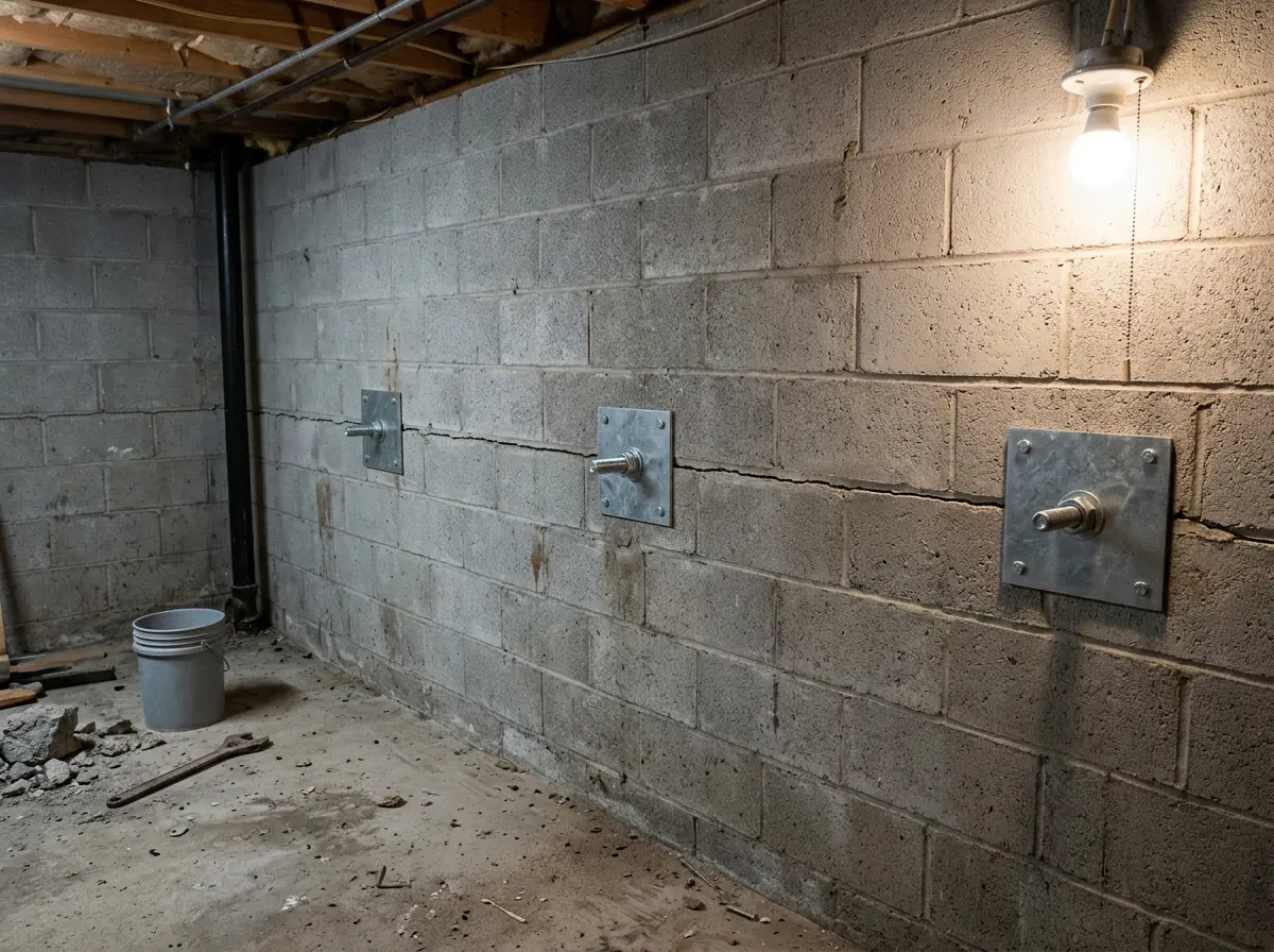 Basement block wall with a horizontal crack and three square galvanized steel anchor plates bolted on threaded rods at the same height, spaced evenly along the wall