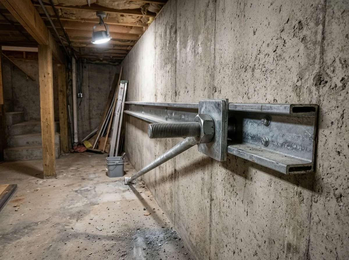 Basement poured concrete wall with a steel channel bolted across it and the threaded end of an angled helical tieback rod coming through the wall at the bolt