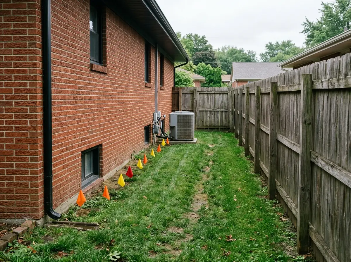 Narrow strip of lawn between the side of a brick ranch house and a wooden privacy fence, with small marking flags in the grass where anchor holes would go